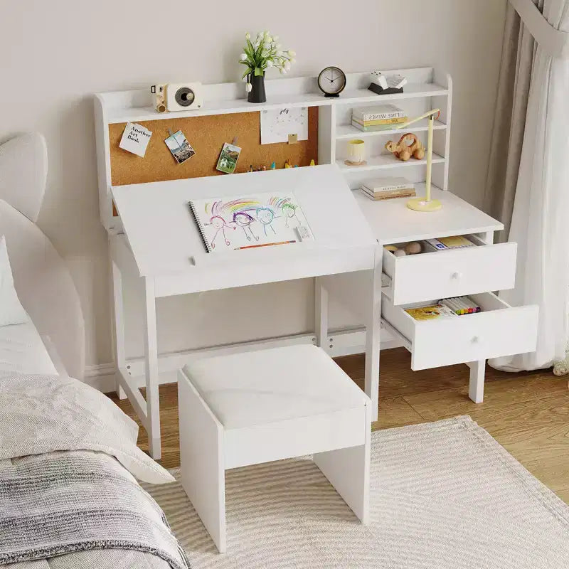 Schreibtisch- und Stuhlset für Kinder, hölzerner Lerntisch mit verstellbarer, neigbarer Tischplatte, Schubladen und Korktafel - Lernschreibtisch-Set für Kinder