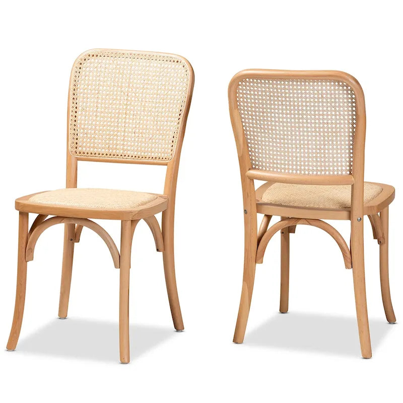 Neah, set di 2 sedie da pranzo moderne di metà secolo in legno e rattan intrecciato
