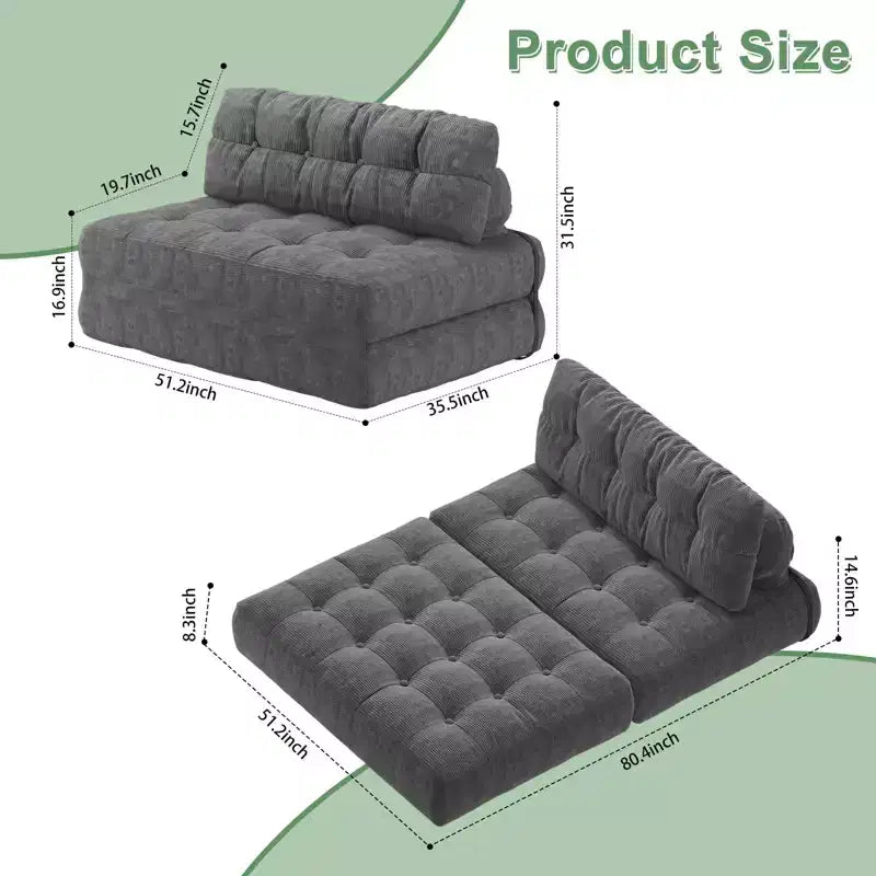 Futon pliant convertible en lit, format deux places, en velours côtelé, fauteuil-lit de sol avec coussin et soutien dorsal