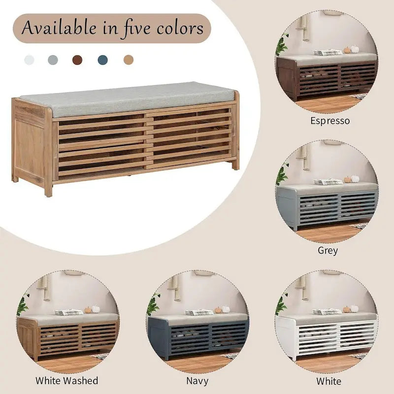 Banc de rangement en bois massif de 43.30 pouces avec persiennes vieillies contemporaines
