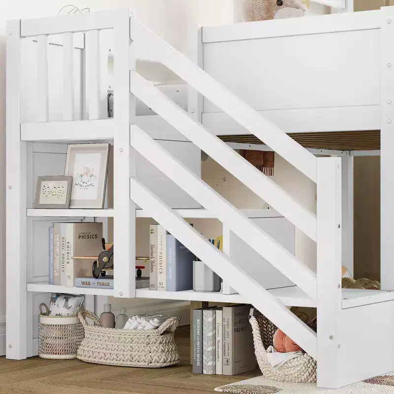 Einzel-Hochbett mit 3 Schubladen und Treppe mit Stauraum, Hausbett aus Holz mit Rutsche und abnehmbarem Schreibtisch