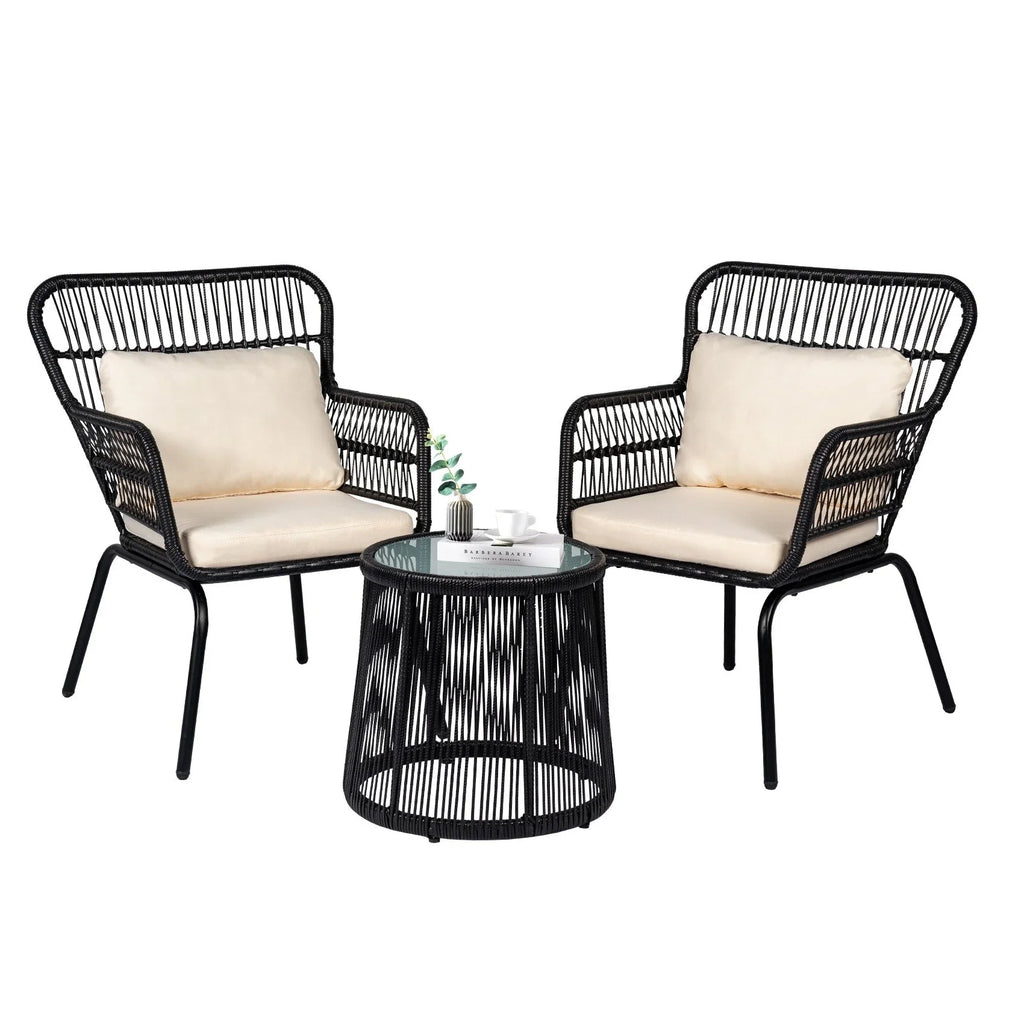 Ensemble bistro de jardin en osier de 3 pièces, ensemble de fauteuils de patio en rotin toutes saisons avec coussins