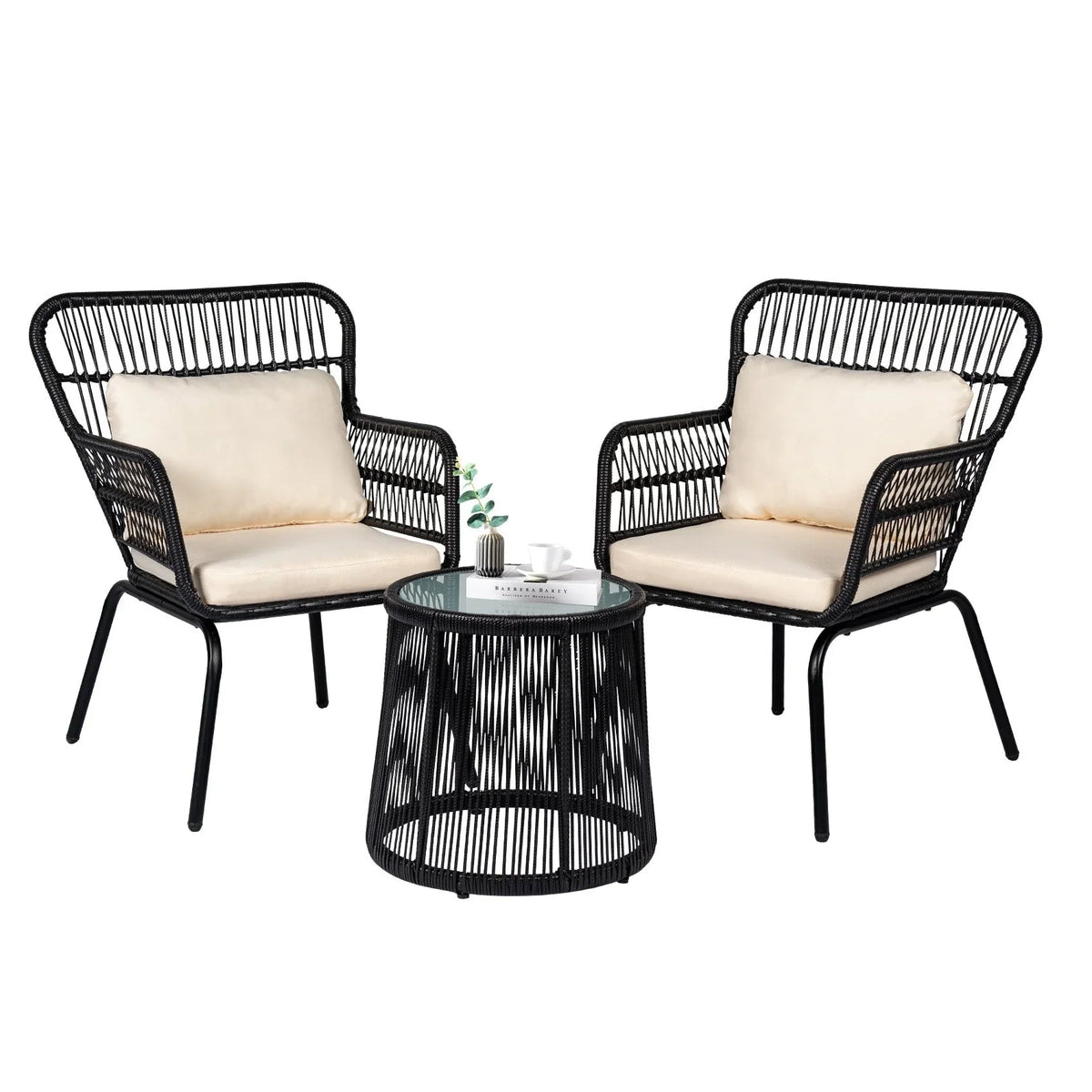 Ensemble bistro de jardin en osier de 3 pièces, ensemble de fauteuils de patio en rotin toutes saisons avec coussins