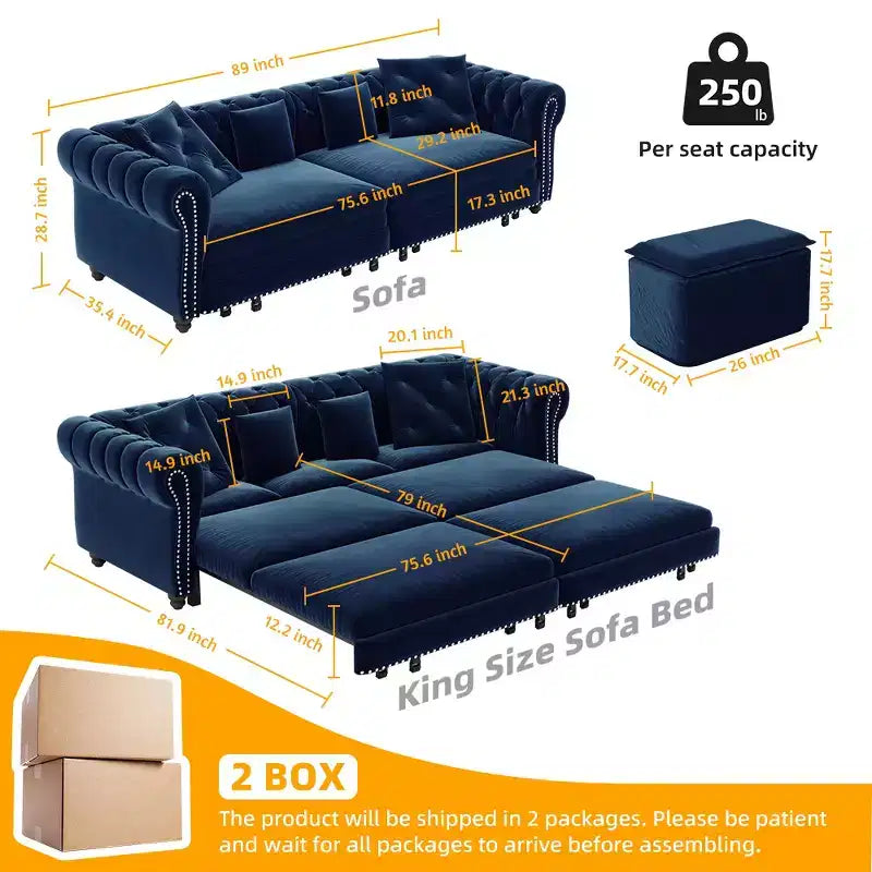 Canapé-lit convertible 3-en-1 Whisen en velours, format king size, avec pouf mobile, design capitonné
