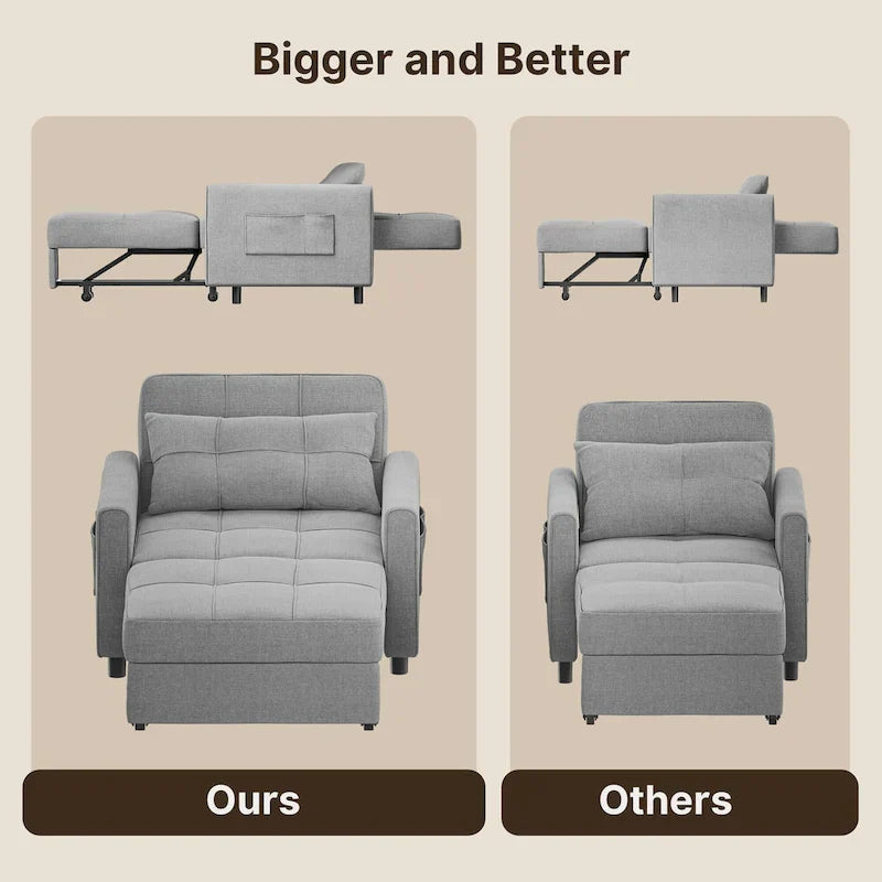 Fauteuil convertible 3-en-1 avec lit escamotable, canapé lounge rembourré convertible, réglable et pliable