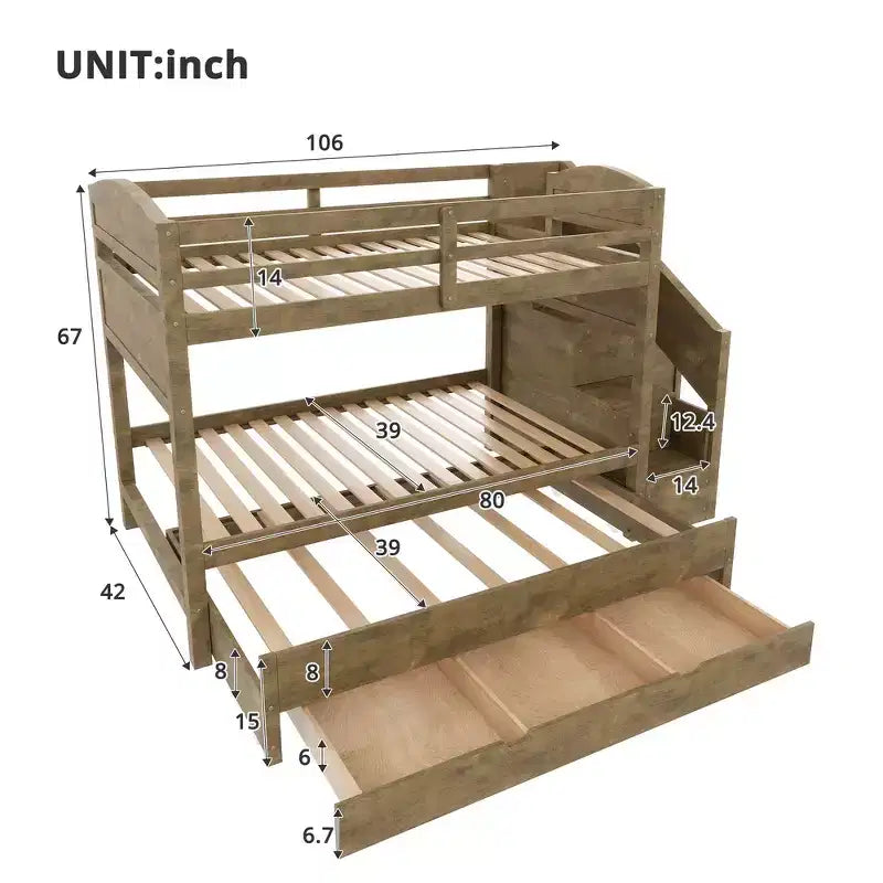 Struttura letto a castello singolo Whisen XL con letto estraibile, letto a castello con contenitore, legno massello, scala contenitore, armadio, 3 cassetti, per bambini