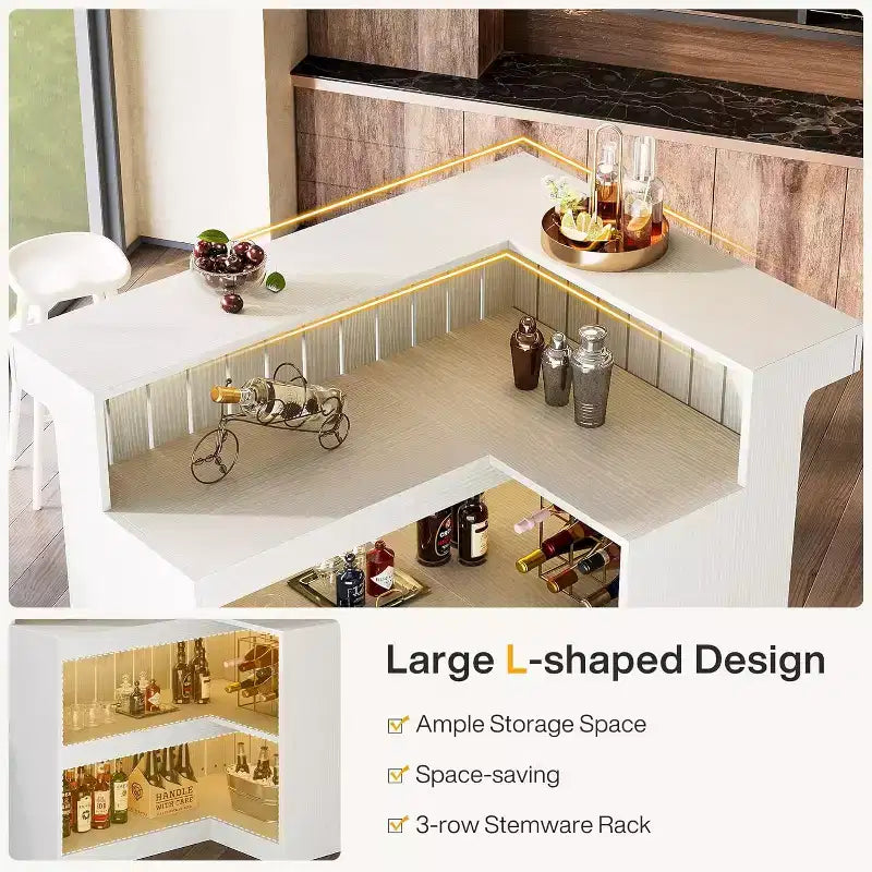 Bancone bar angolare a L Lantine per la casa, mobile da bar ad angolo a 4 ripiani con mensole e portabicchieri da vino per pub domestico