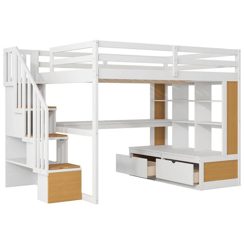 Letto a soppalco in legno massello, naturale e bianco, per letto matrimoniale piccolo, con scrivania e cassetti