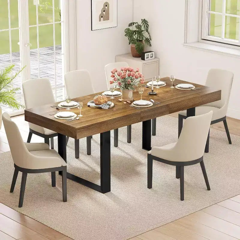 Tavolo da pranzo allungabile Zevemomo 63-78.7, tavolo rettangolare da cucina per 6-10 persone con guide metalliche e gambe affusolate a U, per sala da pranzo e ufficio - marrone