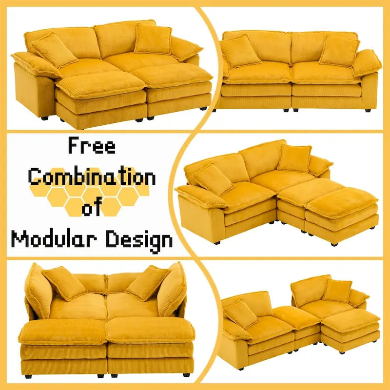 Modernes 2-Sitzer-Cordsofa mit 4 Stützkissen und 2 Hockern
