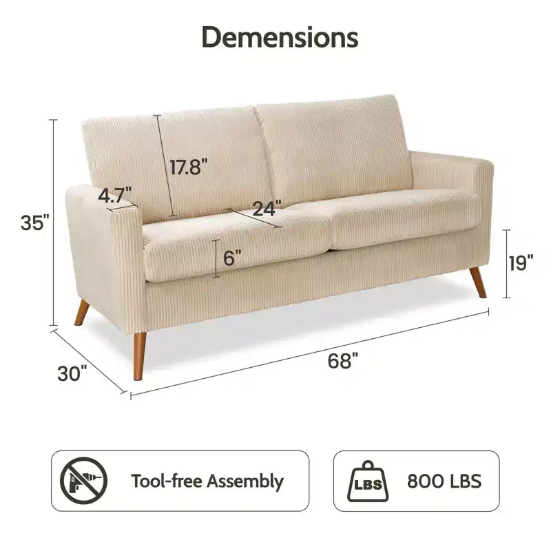 68 Mid-Century Modern Corduroy Loveseat Sofa with Spring Pad