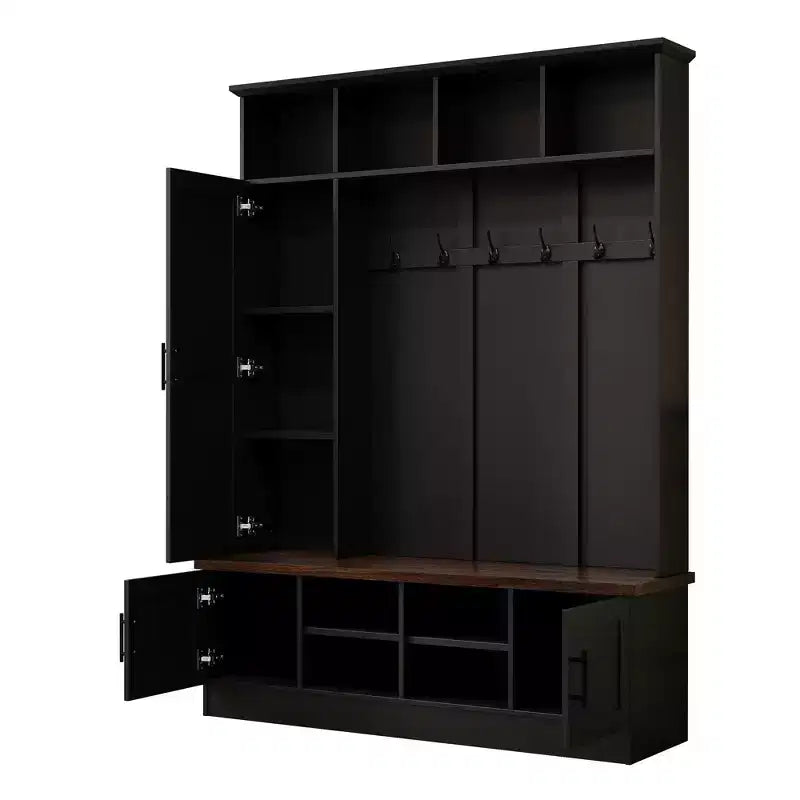 Kapstok voor de hal met schoenenbank, multifunctioneel kapstokrek met 6 haken, houten kapstok voor de gang met schoenenopbergruimte voor de hal en woonkamer
