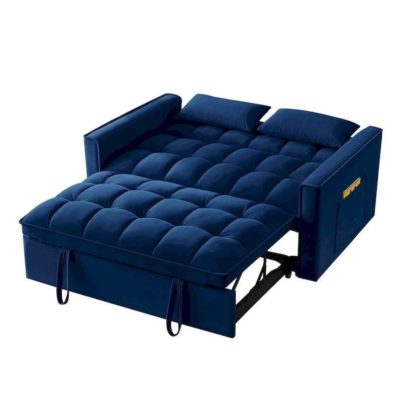 4-in-1-Zweisitzer-Schlafsofa mit Armlehnen und Aufbewahrungstaschen, multifunktionales, getuftetes Ausziehsofa mit verstellbarer Rückenlehne