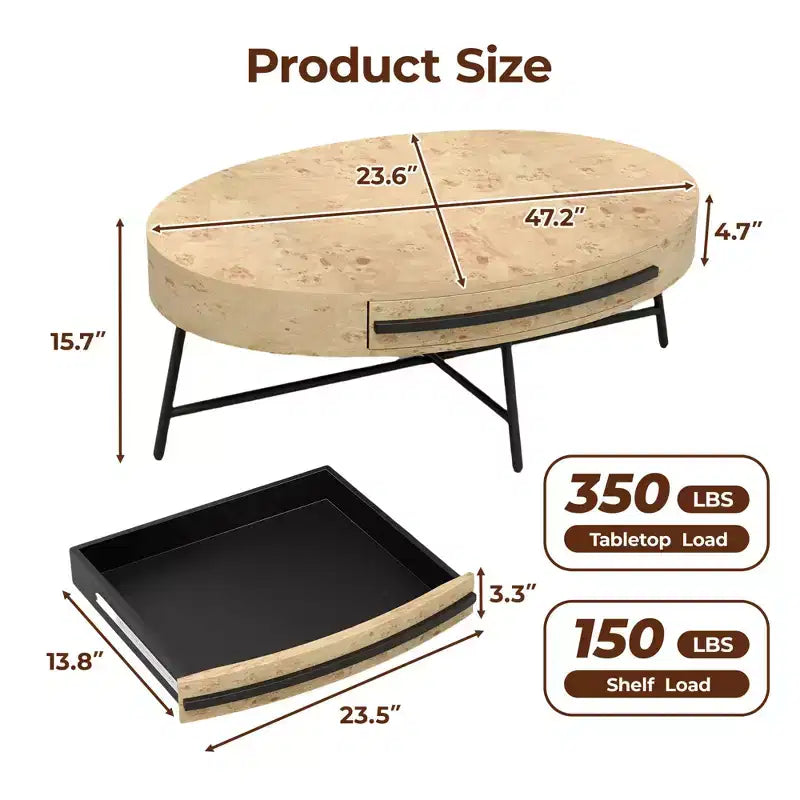 Ovaler Couchtisch mit Schublade, Mid-Century-Modern-Beistelltisch, 47.2, Couchtisch aus Holz mit Stauraum und gekreuzten Metallbeinen, geschwungenes Design