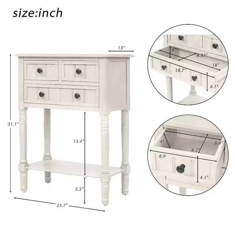 Console étroite de 23.7in avec 3 tiroirs et une étagère, table de canapé pour petit espace, entrée ou salon