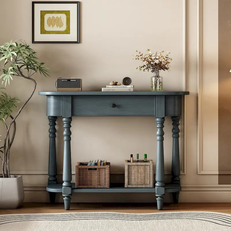Schmaler Konsolentisch im Retro-Stil mit abgerundeten Ecken, oberer Schublade und offenem Regal