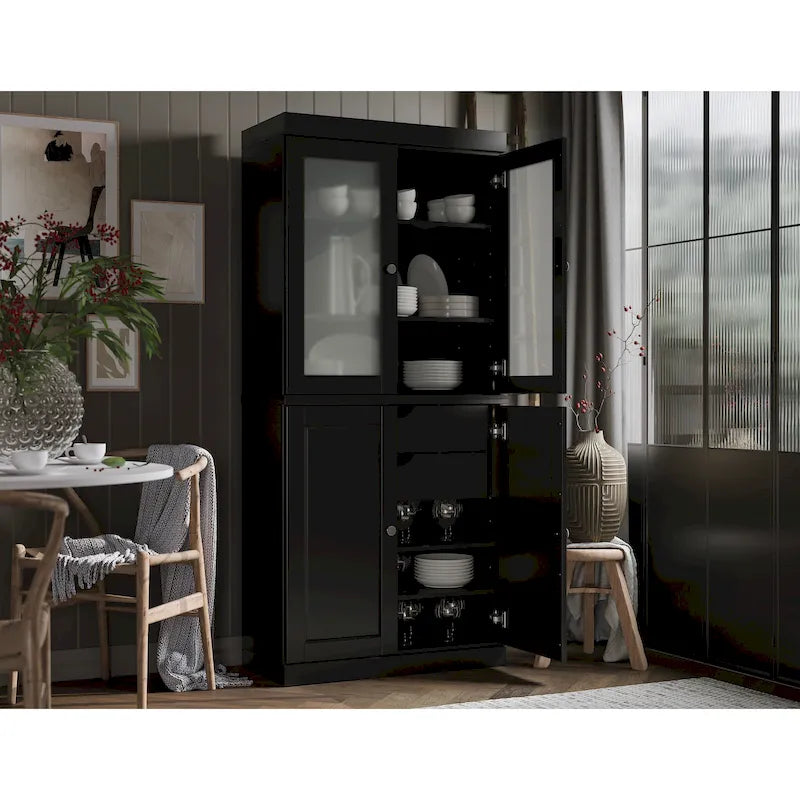 Credenza dispensa in legno massello al 100% con ante in vetro satinato, ante piene, 2 cassetti e ripiani regolabili