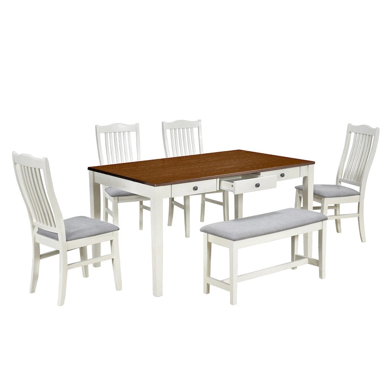 Ensemble de salle à manger en bois de 6 pièces avec 4 chaises et un banc, table avec tiroir