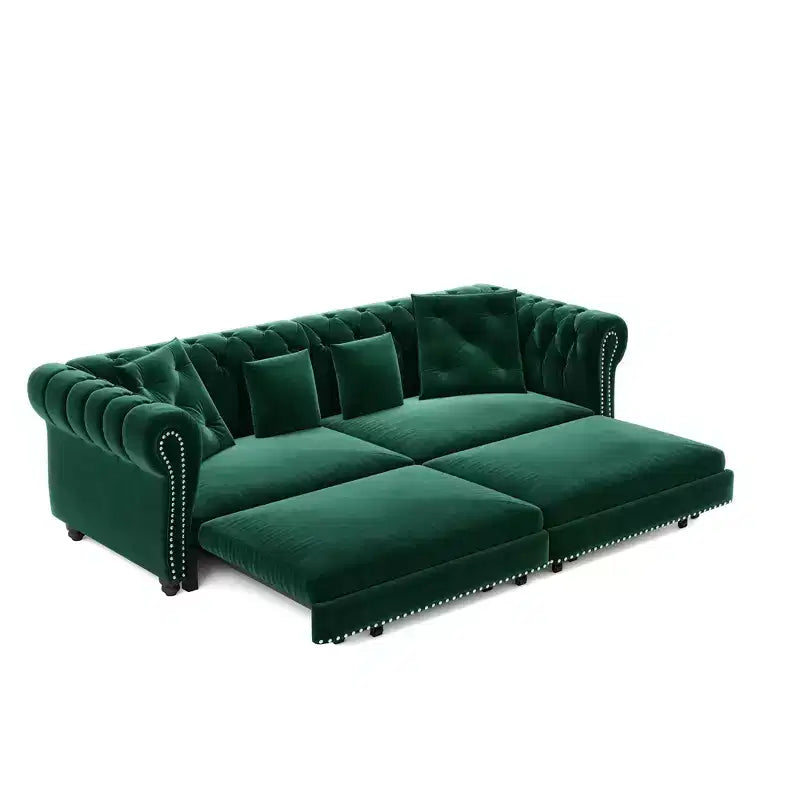Canapé-lit convertible 3-en-1 Whisen en velours, format king size, avec pouf mobile, design capitonné
