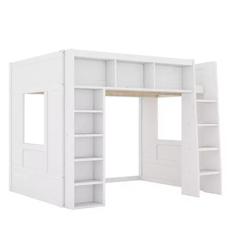 Struttura letto a soppalco in legno Whisen Queen Size con armadietti e ripiani contenitori