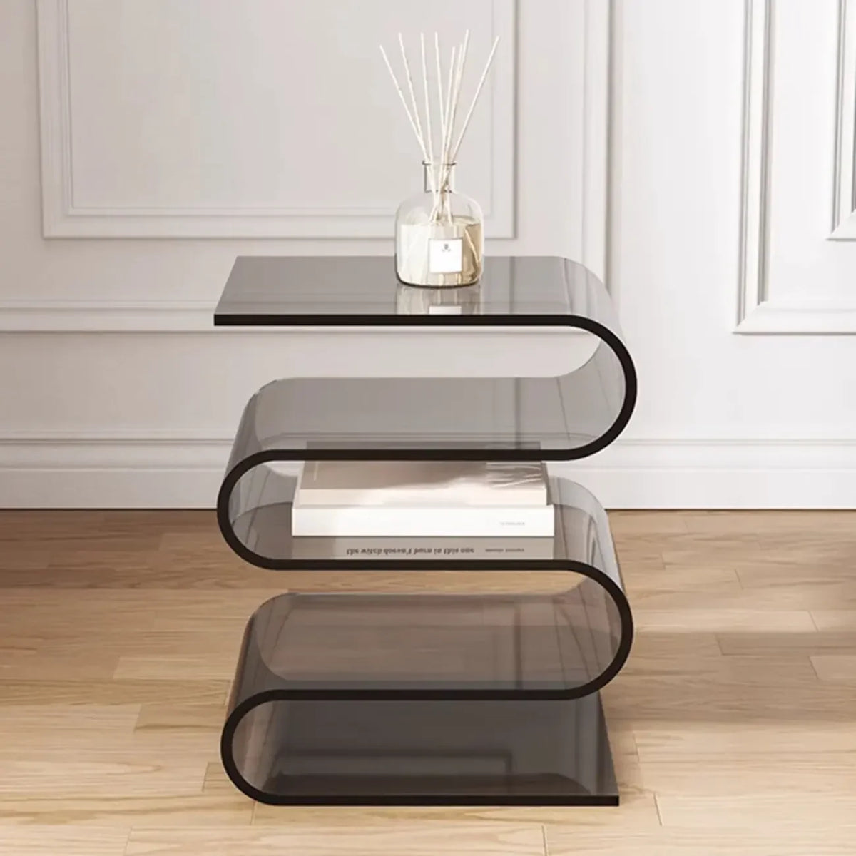 Table d’appoint contemporaine en acrylique en forme de S avec rangement