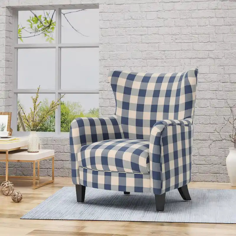 Moderner Retro-Polstersessel mit hoher Rückenlehne, 30.25 hoch, mit Holzbeinen fürs Wohnzimmer