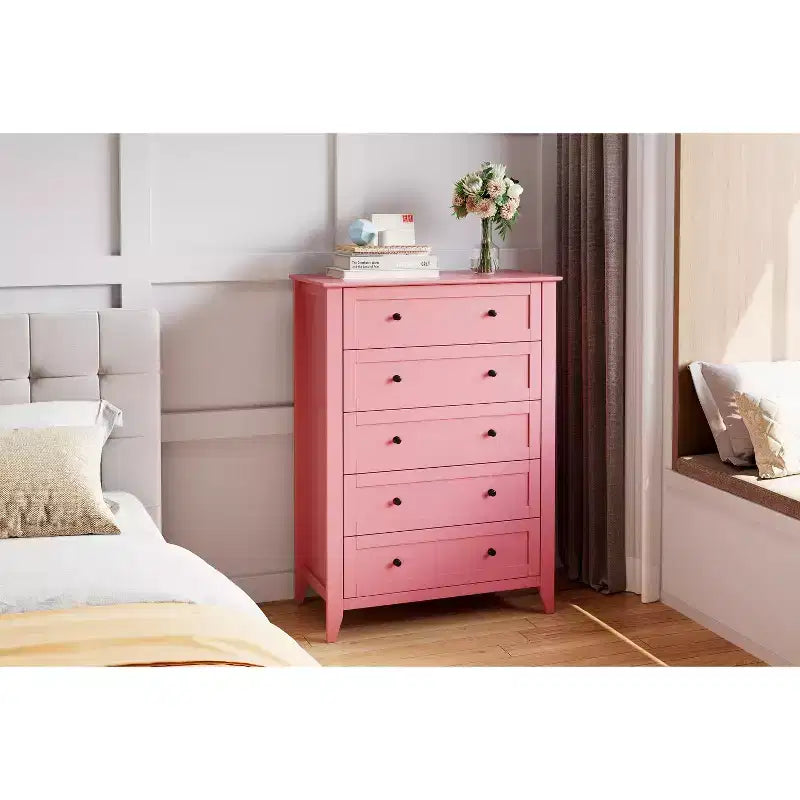 Cassettiera alta 42.5 pollici con 5 cassetti per camera da letto, mobile contenitore in legno con cassetti profondi 11.9 pollici e pomelli in metallo dorato, ideale per ingresso o corridoio
