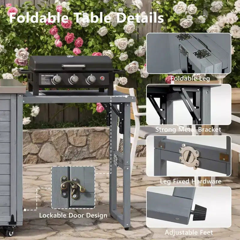 Îlot de cuisine d’extérieur FAMYYT de 78.3 pouces avec plan de travail en acier inoxydable, station de barbecue pliable et placards de rangement, bleu-gris