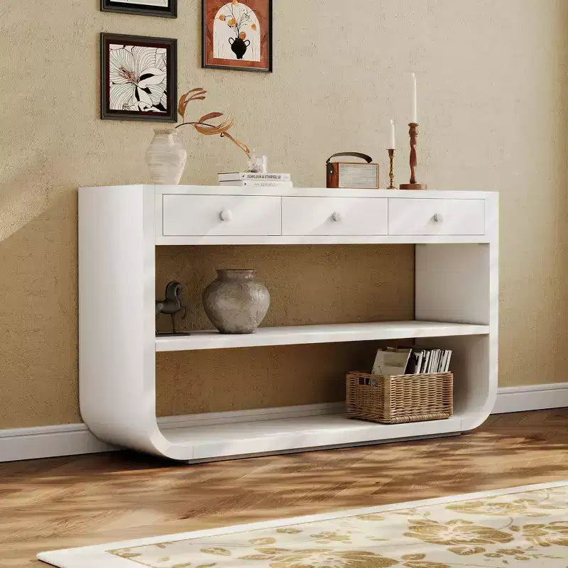 Tavolo consolle curvo ModernLuxe, tavolo d'ingresso, tavolino laterale per divano, espositore, tavolino d'accento con 3 cassetti a chiusura ammortizzata e 2 ripiani aperti