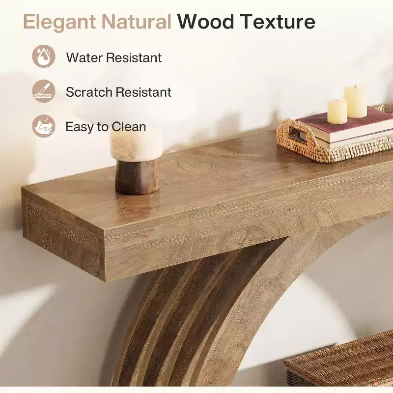 Lantine haltafel van 63 inch, banktafel met 2 niveaus voor achter de bank, smalle unieke console in boerderijstijl met boog voor de hal, woonkamer en entree, naturel