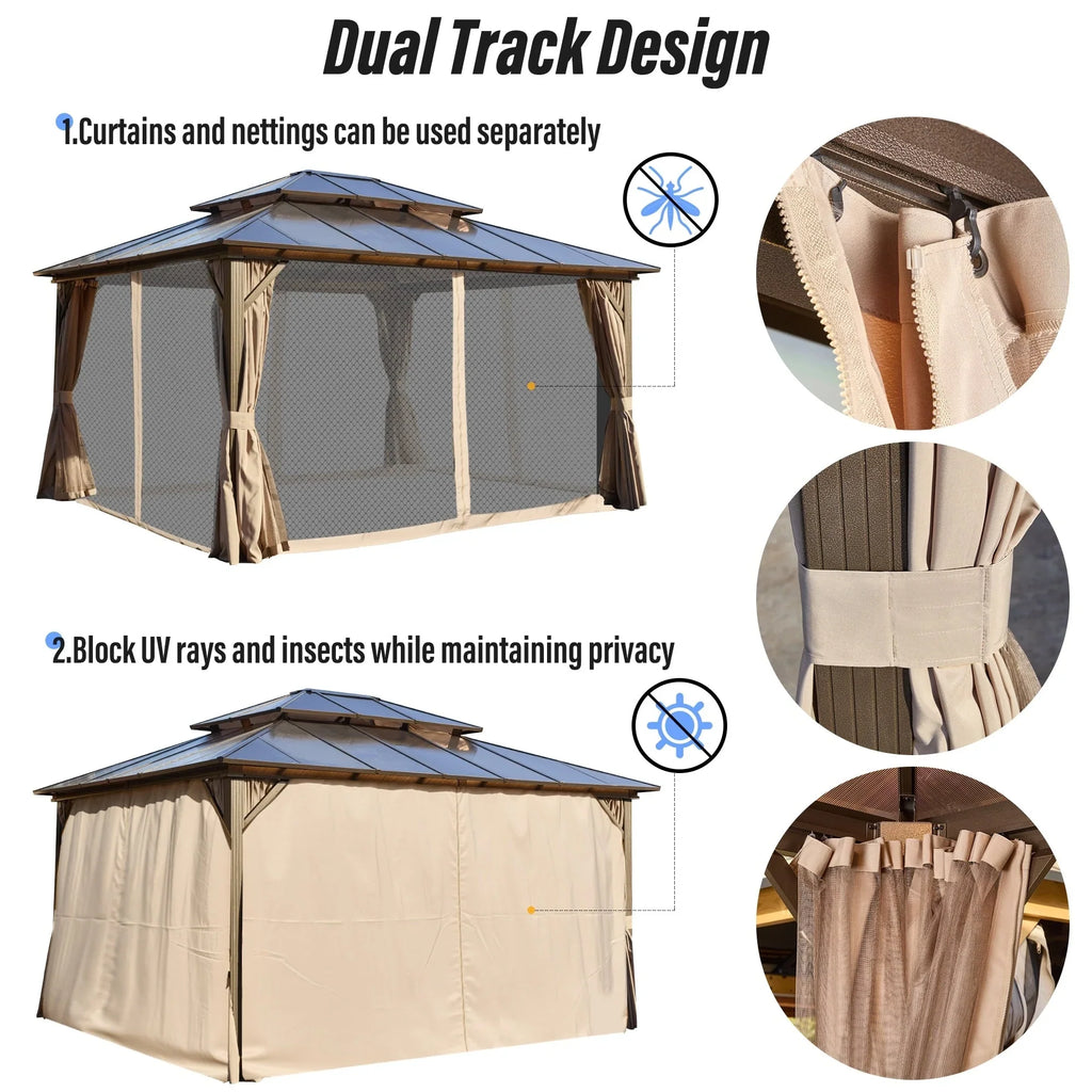 Gazebo EROMMY con tetto rigido, pergola da esterno con doppio tetto, rete e tende, copertura robusta per patio, giardino e feste in piscina