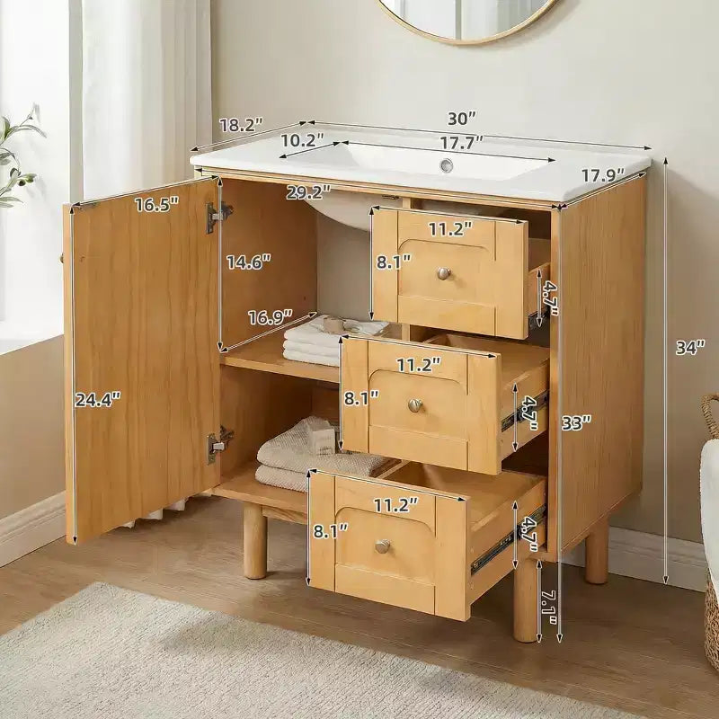 JVNOXK Keramik-Waschtischunterschrank, 30 Zoll, rustikal-modern, mit 3 Schubladen und 1 großen Tür mit Soft-Close-Funktion, Aufbewahrungsschrank, natürliche Holzmaserung