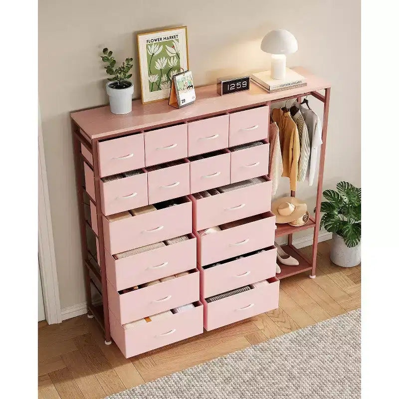 Commode avec 16 tiroirs, tringle de penderie et étagères, organisateur de rangement en tissu pour chambre, placard ou entrée