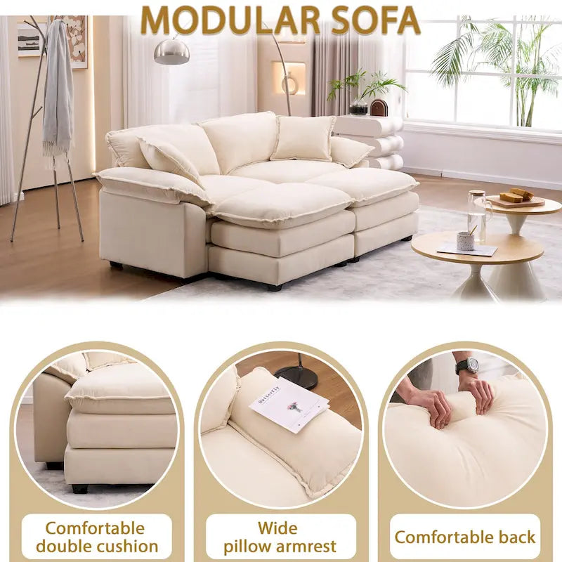 2-Sitzer-Sofa mit 2 Sitzkissen, 2 Kissen und 2 Hockern, bequemes Sofa - tiefes Sofa fürs Wohnzimmer, modulares Sofa