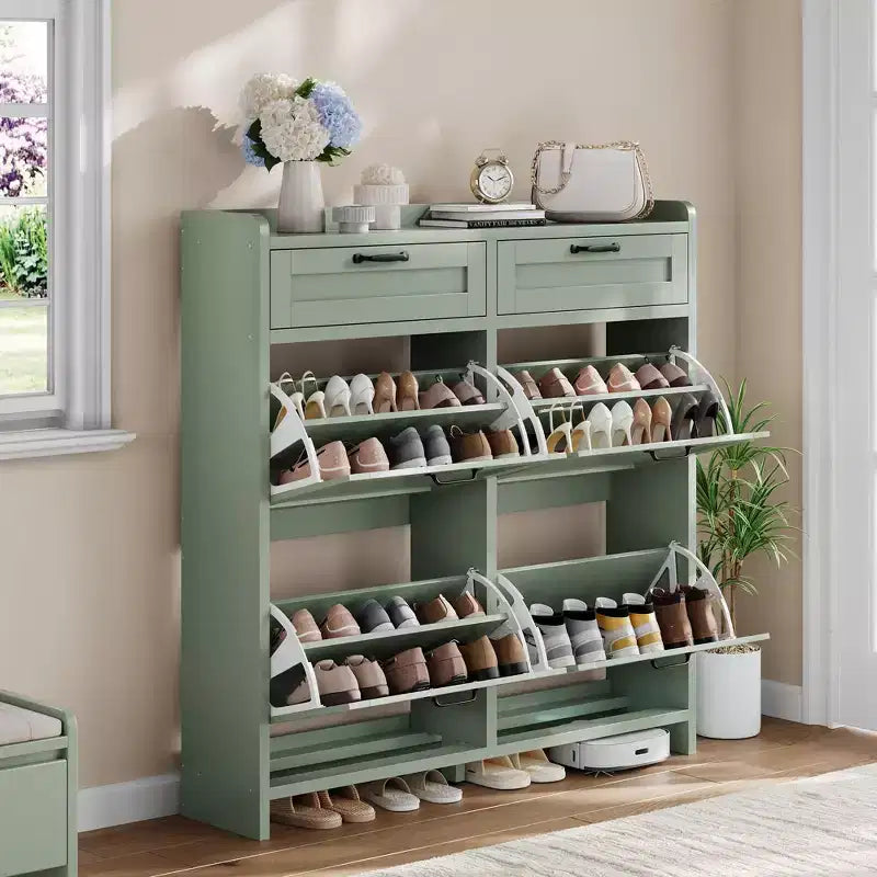Schoenenkast met 4 klepdeuren en 2 bovenladen, houten schoenenkast met verstelbare plank, vrijstaand schoenenopbergmeubel