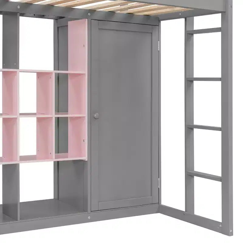 Kinder-Hochbett mit Kleiderschrank und Regalen, Holz-Hochbettrahmen mit Stauraumschrank für Kinder und Jugendliche
