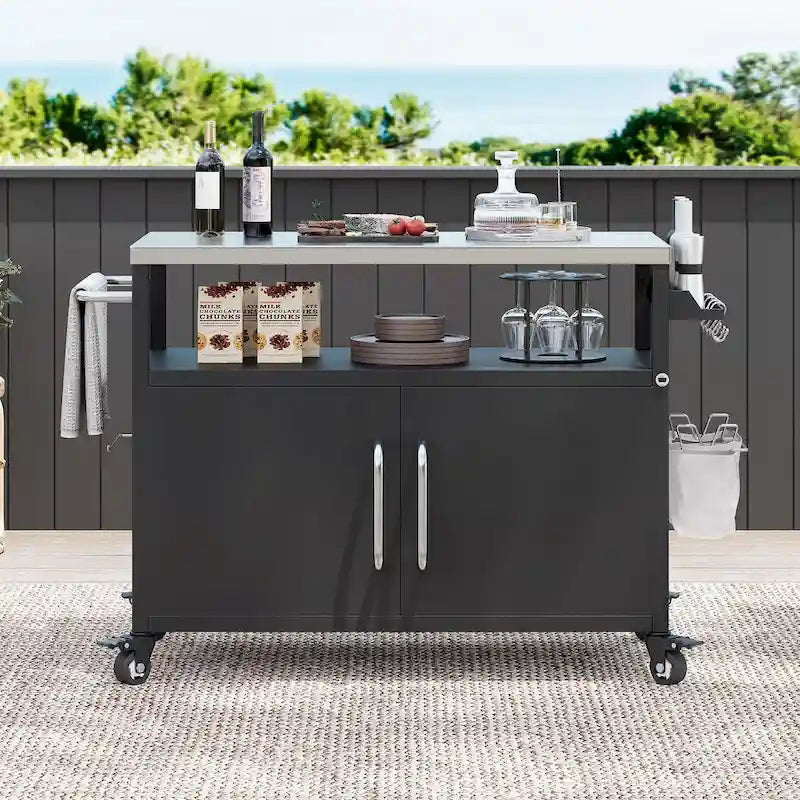Outdoor-Kücheninsel mit Tischplatte aus Edelstahl, Metall-Grillwagen mit Aufbewahrungsschrank - N/A