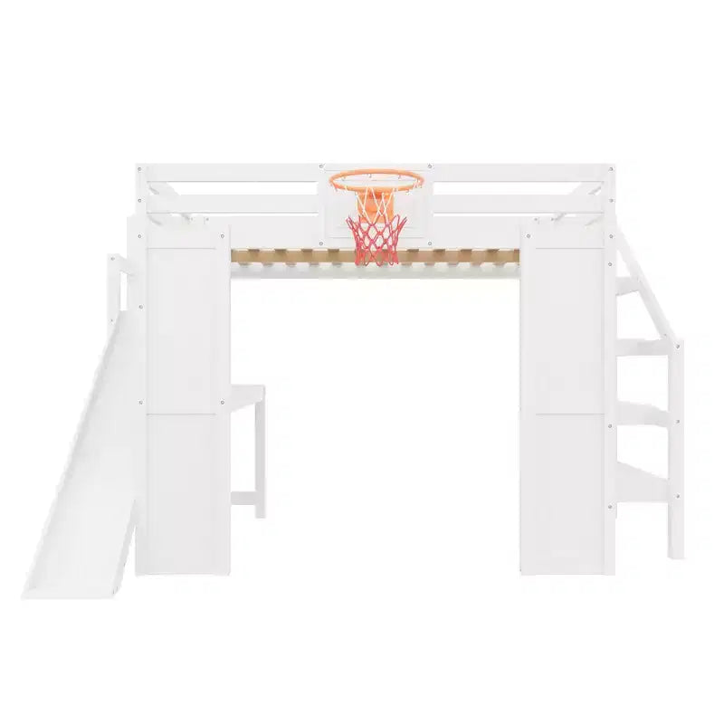 Lit mezzanine complet en bois Luxystar avec bureau, toboggan, panier de basket et escalier de rangement pour enfants et adolescents