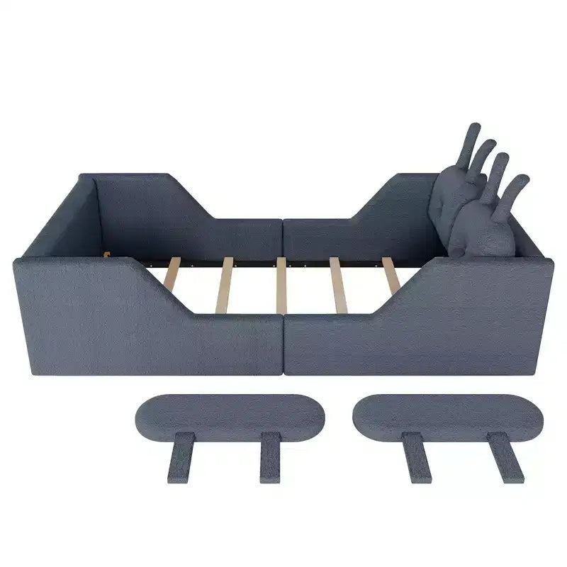 Lit plateforme simple Whisen, cadre de lit rembourré pour enfant au ras du sol avec coussin lapin et barrières latérales amovibles
