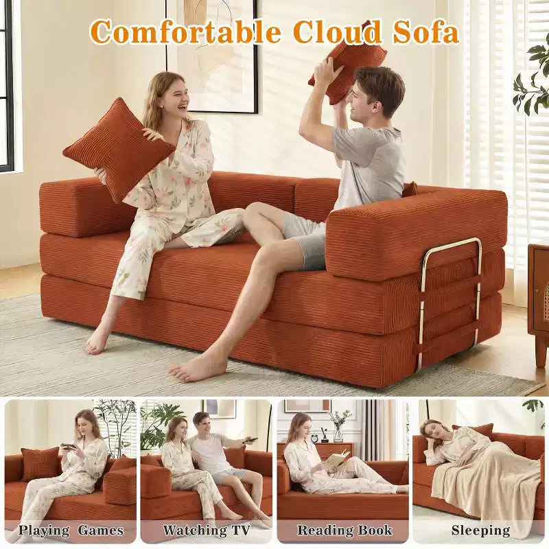 Dyonery canapé-lit pliant 78 en velours côtelé, convertible en lit, format king size, couchage au sol, canapé modulable 4-en-1 à combiner soi-même, confortable et dépliable.