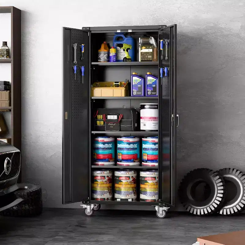 Armoire de rangement pour garage avec roulettes et panneau perforé, armoire métallique verrouillable de 72 H avec 2 portes et 4 étagères réglables pour atelier de garage