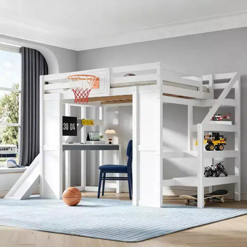 Lit mezzanine complet en bois Luxystar avec bureau, toboggan, panier de basket et escalier de rangement pour enfants et adolescents