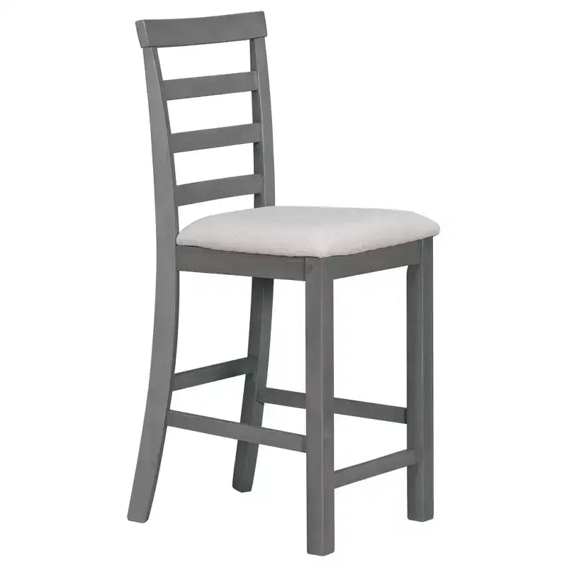 Eethoek in boerderijstijl met 5 delen en stoelen voor 4 personen op aanrechthoogte, rechthoekige houten tafel met opbergplanken en wijnvak