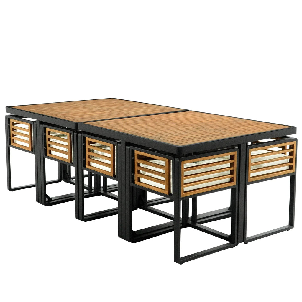 Eetset voor op het terras van acaciahout, 18-delig, met 8 stoelen met kussens, 8 ottomanen en 2 vierkante tafels
