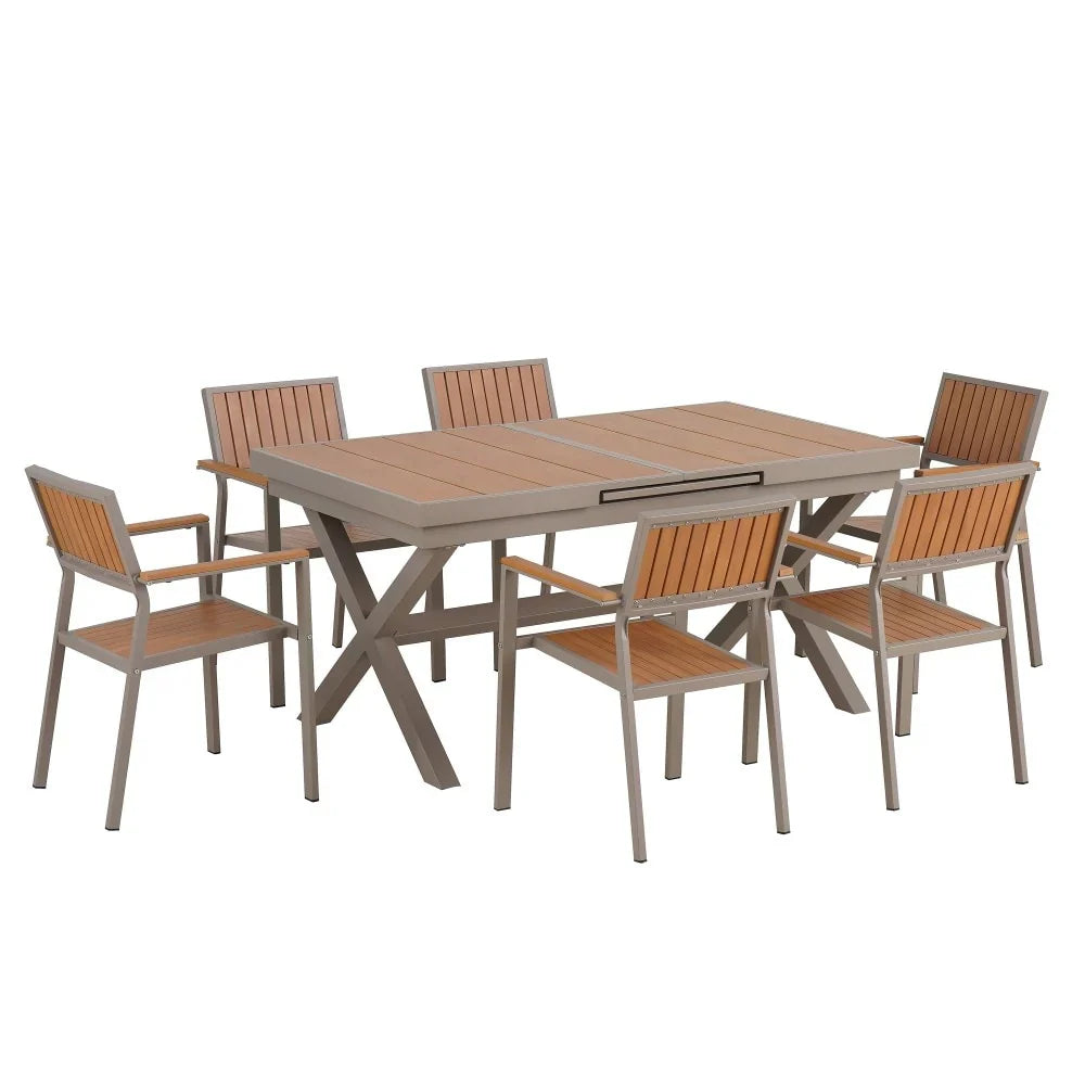 Set da pranzo da esterno moderno da 7 pezzi con sei sedie e un tavolo allungabile per il patio