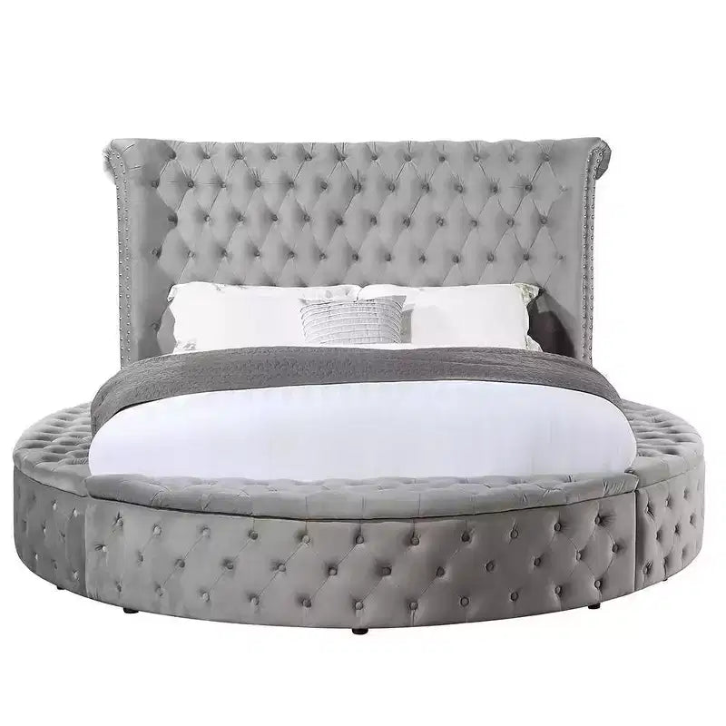 Lit queen Gaiva gris velours 109 - Acme Furniture : clous décoratifs élégants, capitonnage à boutons, cadre en bois composite