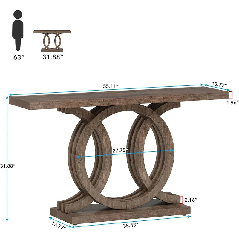 Table console vintage en bois pour couloir, avec piètement géométrique