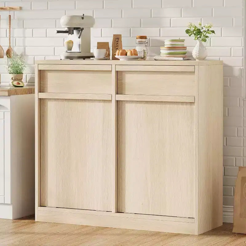 Pattumiera ribaltabile in rovere naturale, con vano contenitore e cassetto, mobile copripattumiera, cesto portabiancheria per cucina, sala da pranzo e soggiorno