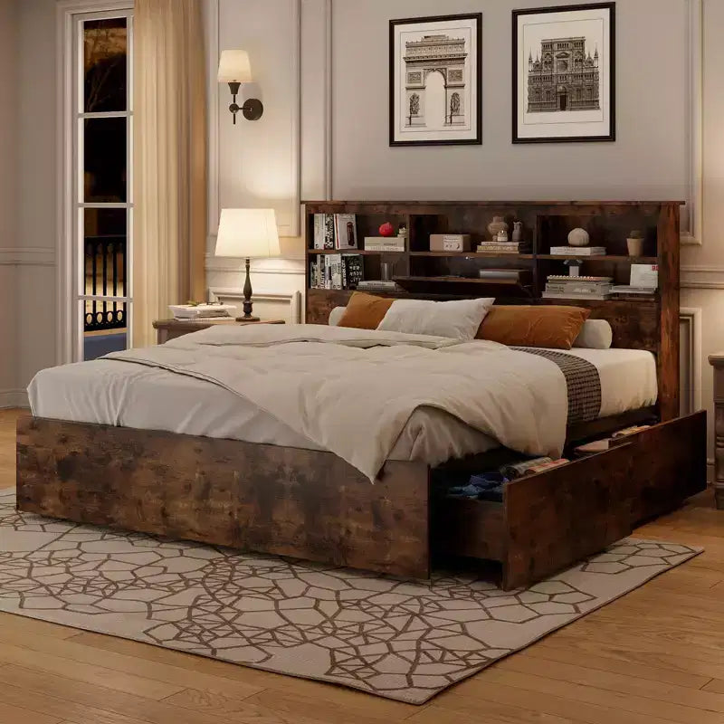 Struttura letto matrimoniale con testiera contenitore, in legno, con 4 cassetti, libreria contenitore e letto matrimoniale king size con robusto supporto in metallo