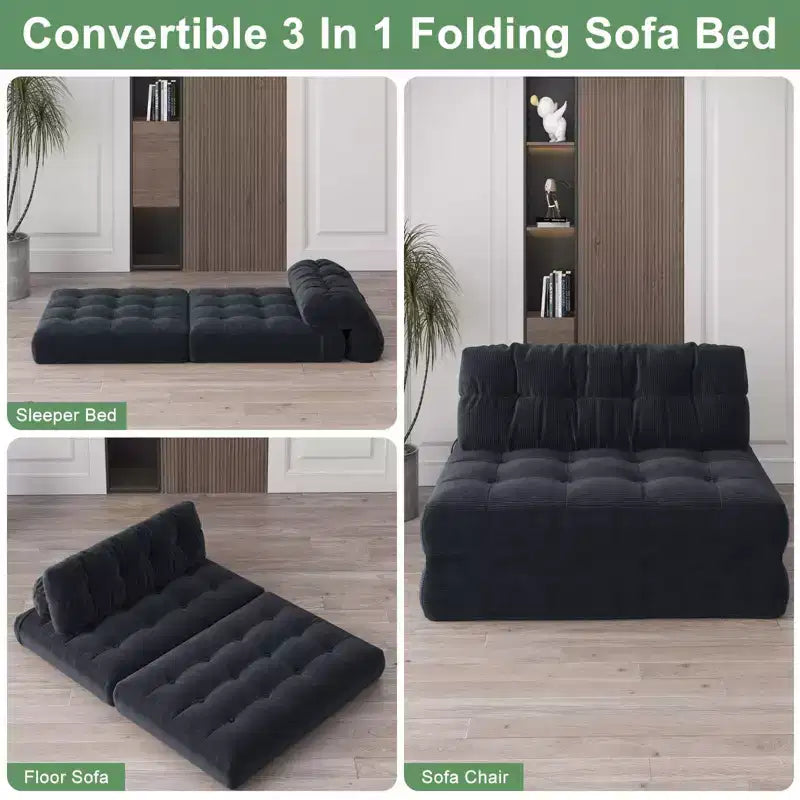 Futon pliant convertible en lit, format deux places, en velours côtelé, fauteuil-lit de sol avec coussin et soutien dorsal
